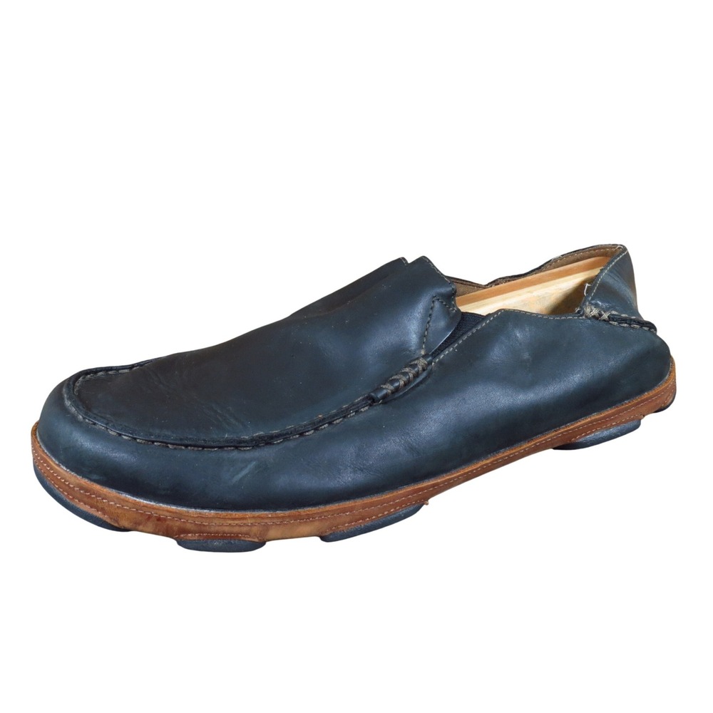 OluKai Moloa Mens Slip On Loafer Size 13 Casual Walking Shoe Black Leather